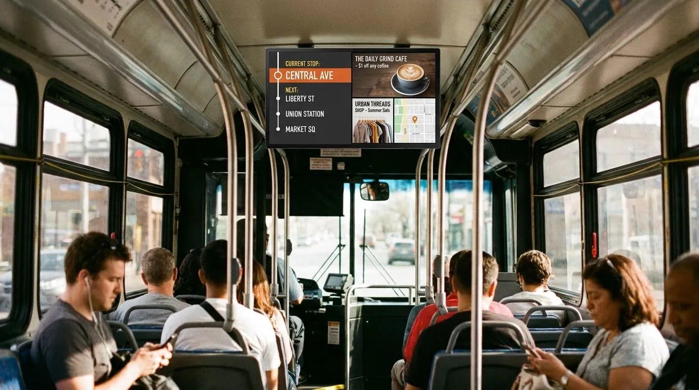 Écran de bus urbain montrant le contenu du quartier sur le tronçon actuel de l’itinéraire