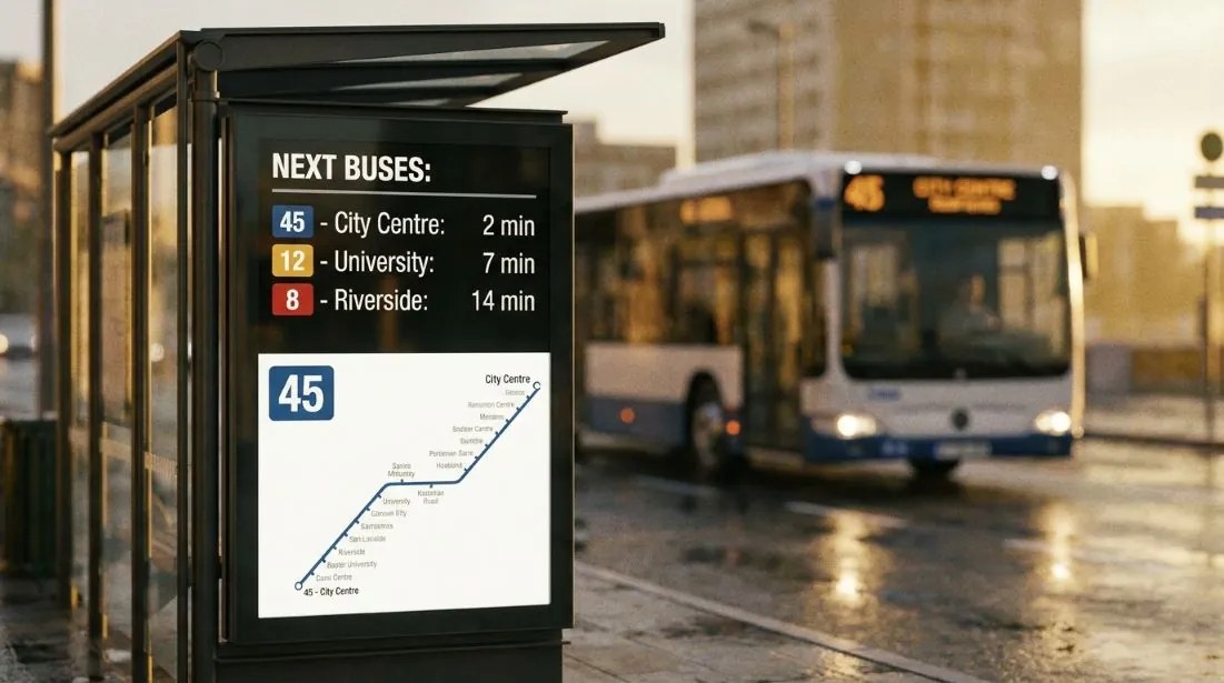 Écran d’arrêt de bus intelligent affichant les horaires d’arrivée en direct et les changements d’itinéraire du réseau de transport