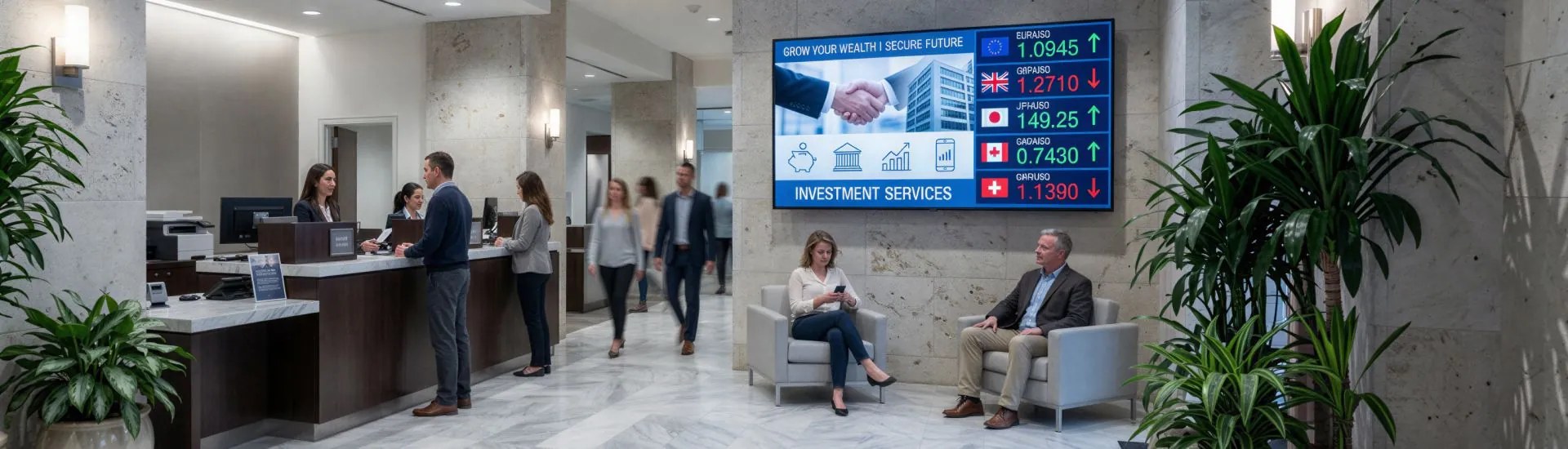 Bank lobby display showing live currency exchange rates and investment information