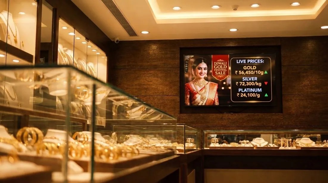 Jewellery shop screen showing festival styles beside live gold, silver, and platinum prices
