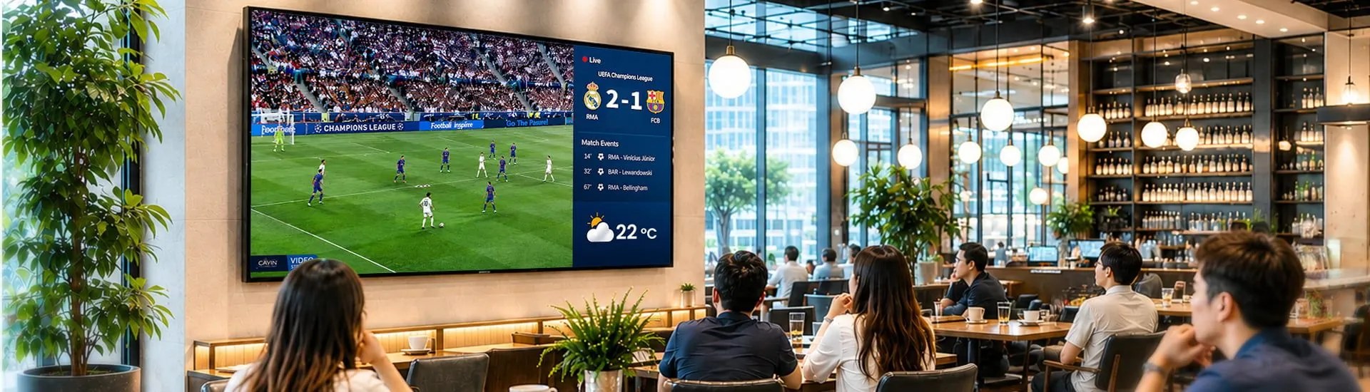 Stadium screens showing live scores, stats, and the match feed during an event