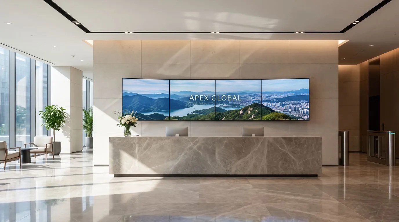 A row of screens in an office-tower lobby playing a continuous brand visual in extended mode