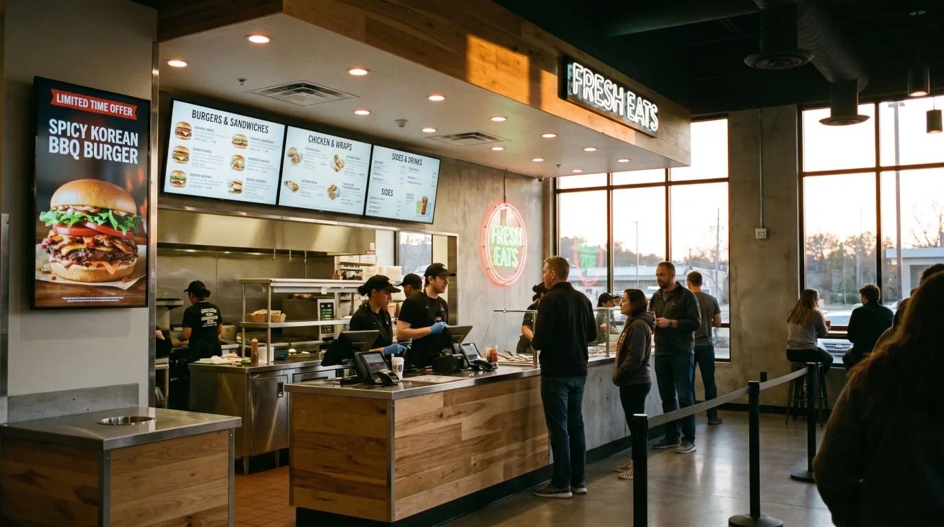 Multi-screen signage in a shopping mall, with each counter and aisle screen playing its own content