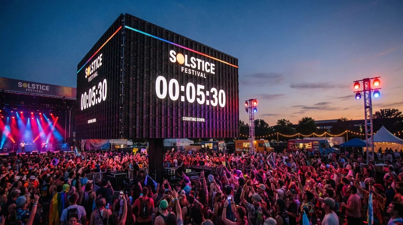 A video wall built from several panels at a large event venue