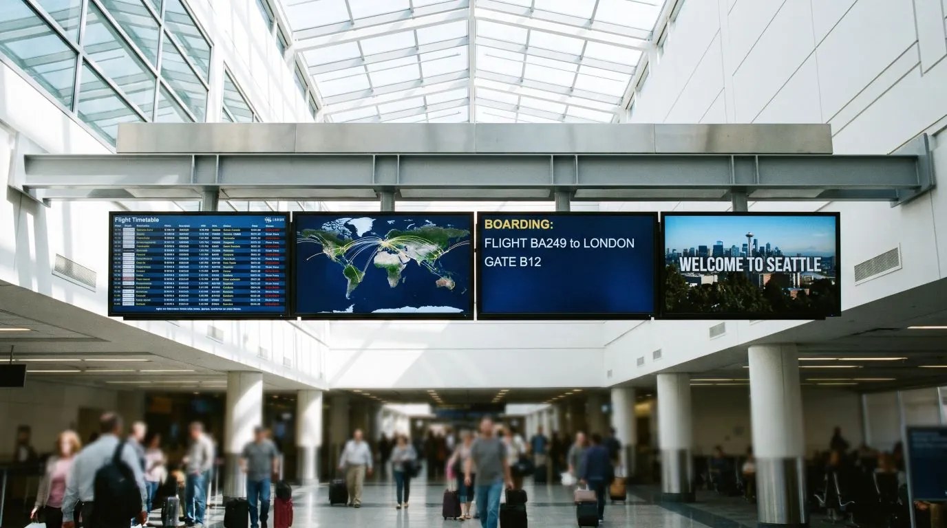 Side-by-side information screens in an airport terminal showing flights, routes and traveller notices