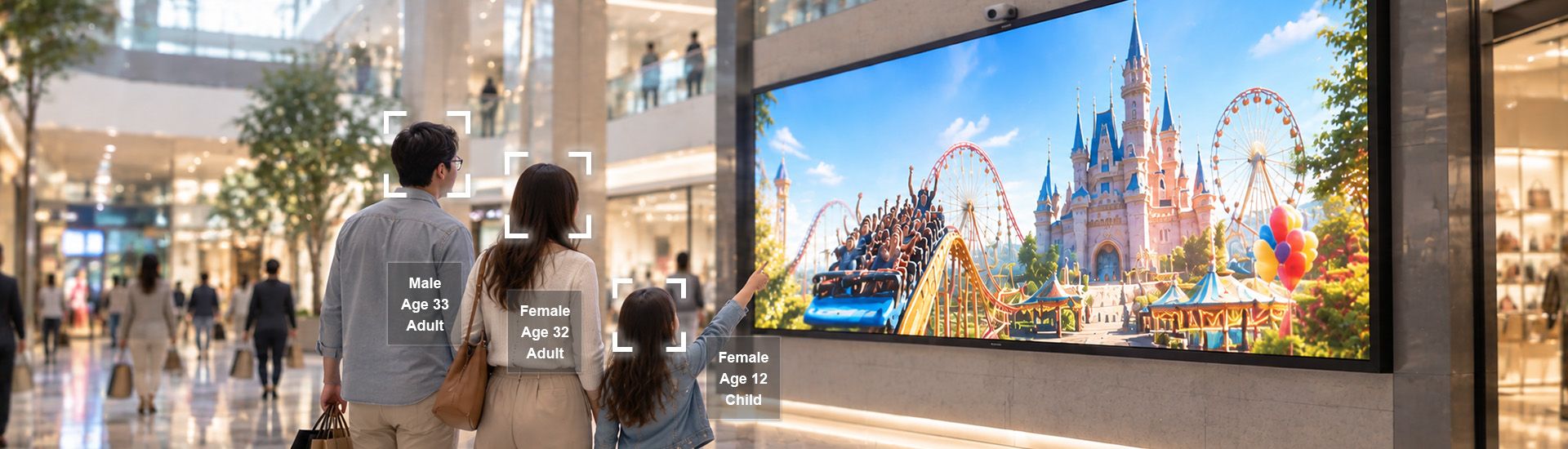 A family looking at a large digital signage display in a shopping mall while onscreen brackets label their detected gender, age and headcount