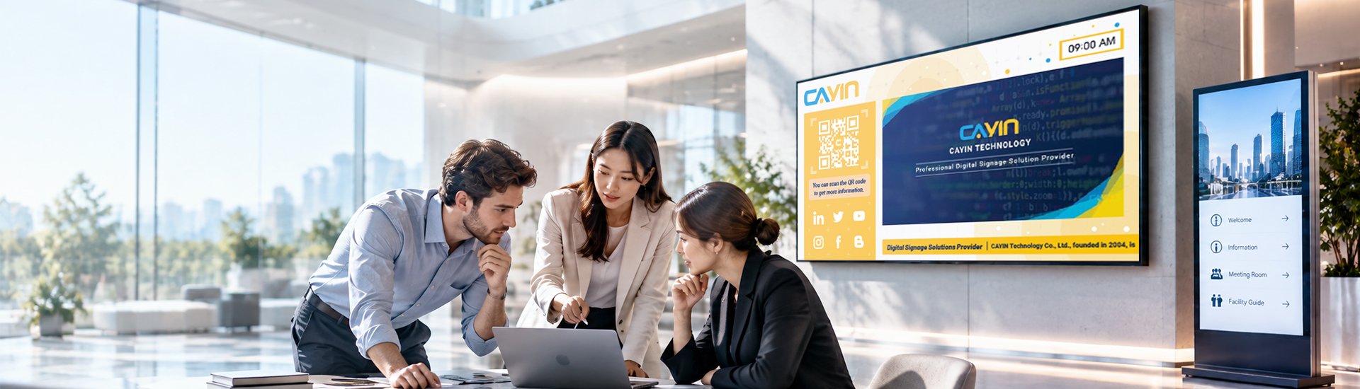 A team planning a digital signage project in an office lobby beside a CAYIN display and kiosk