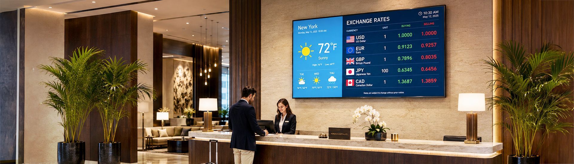 Live feed digital signage showing real-time currency exchange rates in a bank lobby