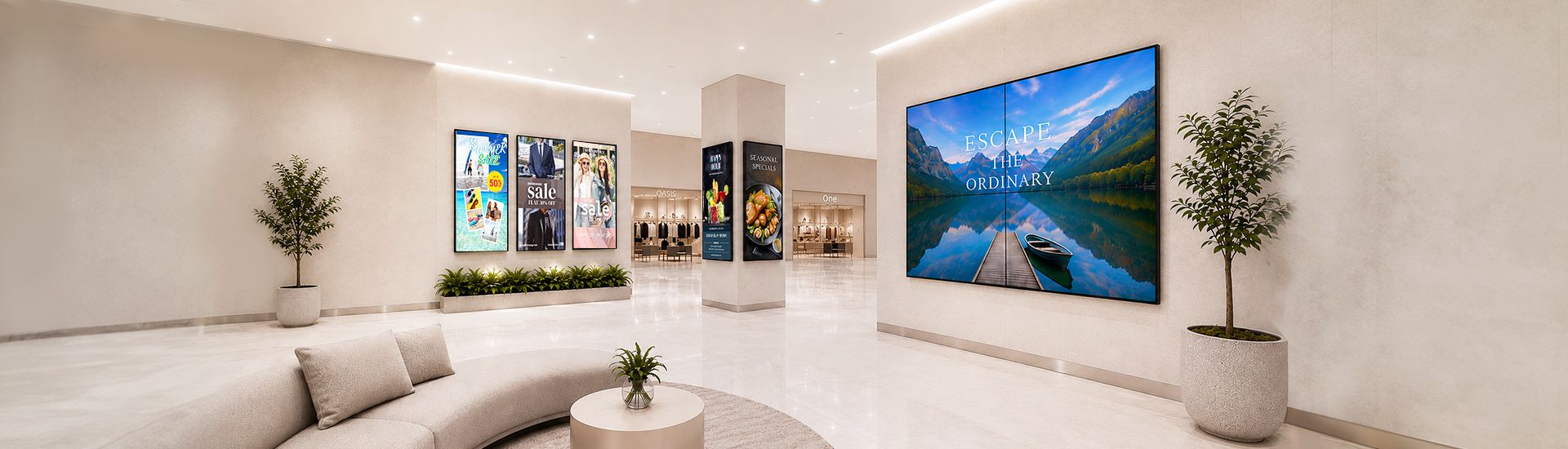 Multi-screen digital signage in a lobby, with the video wall and portrait screens each playing different content