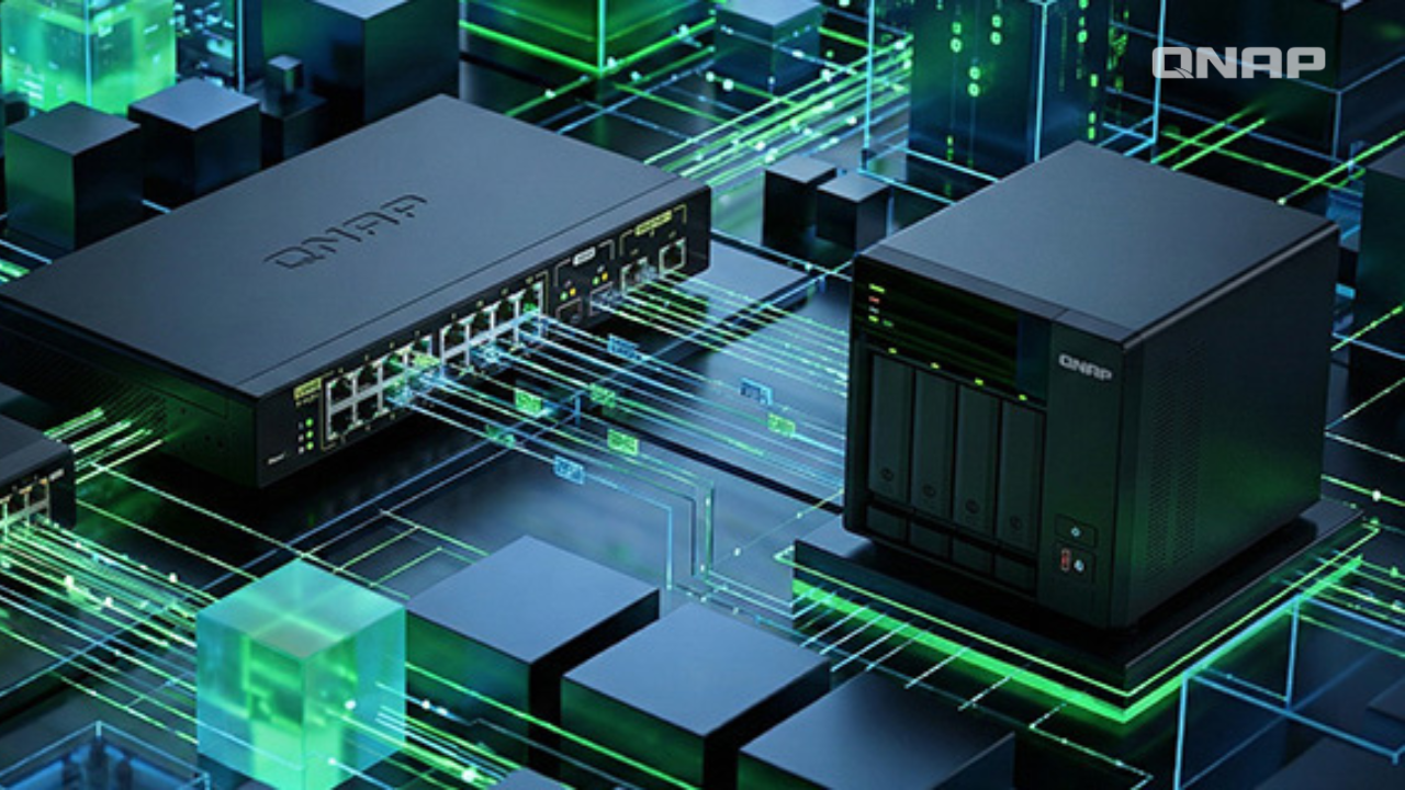 QNAP network switch and NAS hardware used to run QVR Face Tiger and QVR Face Insight for multi-camera facial recognition