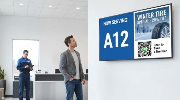 Auto service center displays queue numbers and promotions side by side, with a QR code to take a number via LINE.