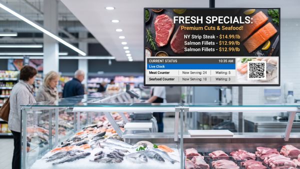 GOxCALL can be applied in grocery retail, showing live queue numbers next to the day's specials.