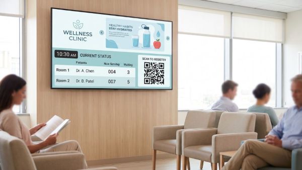 GOxCALL can be applied in healthcare, calling patients by number while sharing a wellness tip on the same screen.