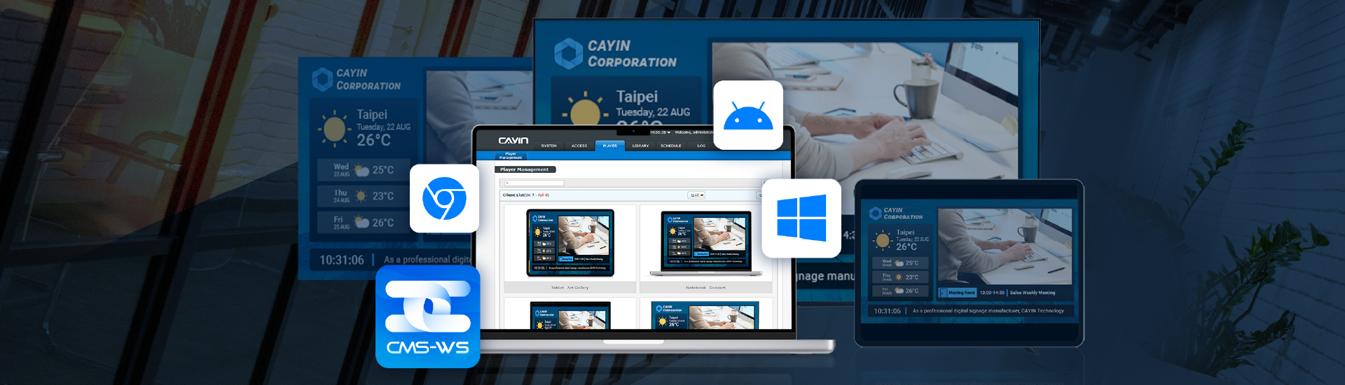 CMS-WS cross-platform digital signage server managing devices across Windows, Android, Chrome, and the CMS-WS Player App