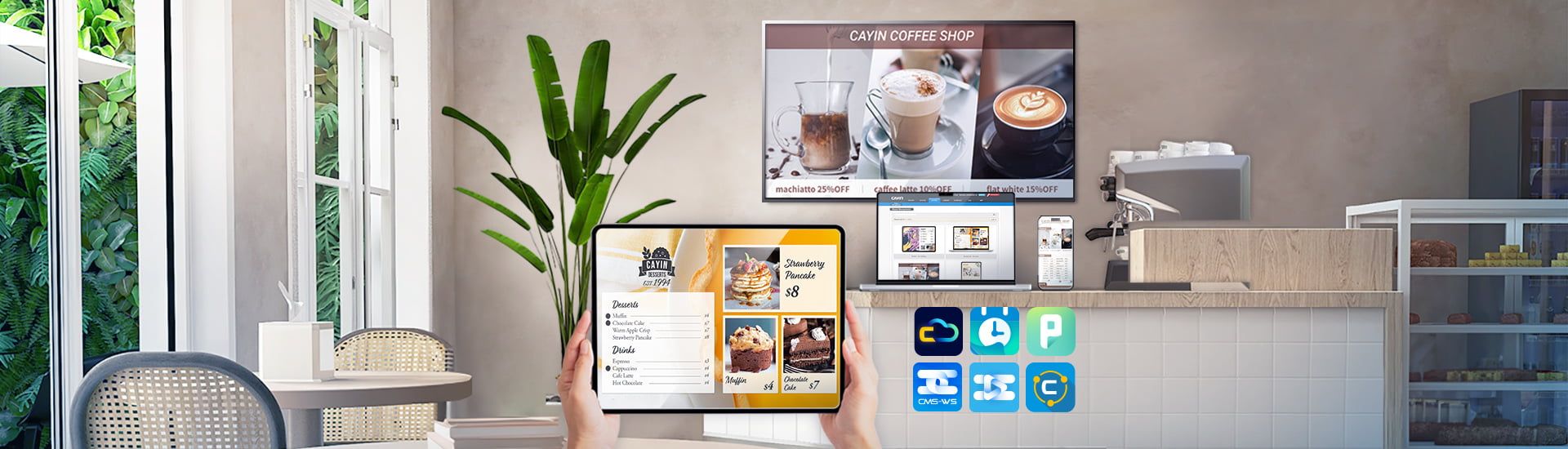 CAYIN Signage Player on Smart TVs and tablets managed by a CMS-WS server