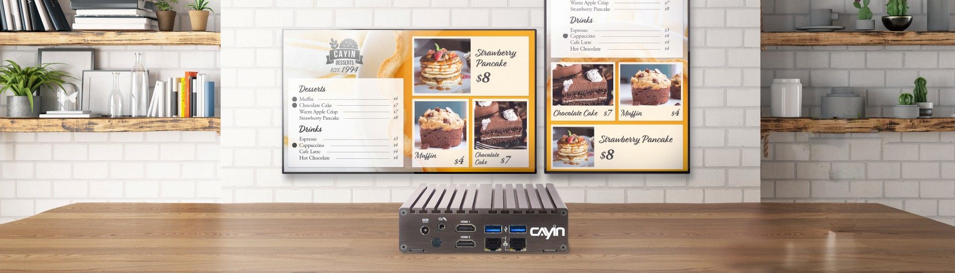 SMP-2200 compact digital signage player powering dual menu board displays in a restaurant