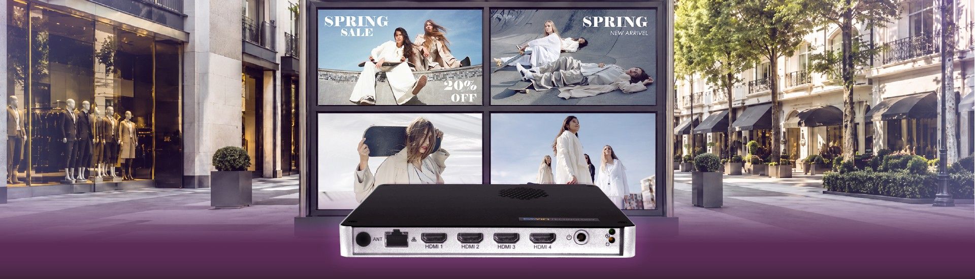 SMP-8100 4-screen video wall digital signage player powering an outdoor billboard installation